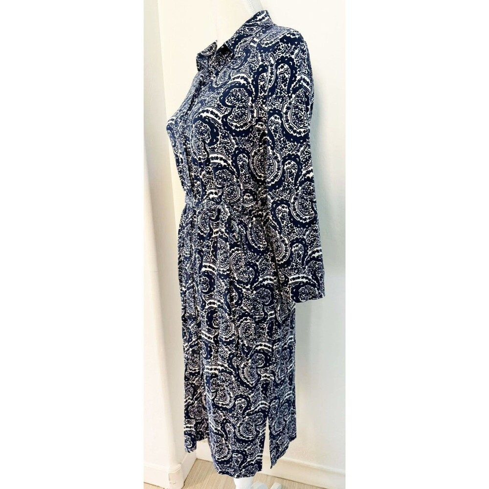 Talbots Shirt Dress M Blue White Paisley Jersey Knit Button Front Classic Career